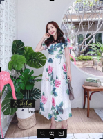 GANNIE​SHOP​ Dress​ เด​รส​ เด​รส​ยาว​ เด​รสสี​ขาว​ เด​รส​ลา​ยดอก​ เดลสลายดอกไม้​ ชุดใส่ไปทะเล​ เดรสสาวอวบ ลายกุหลาบ ชุดกระโปรง เดรสออกงาน