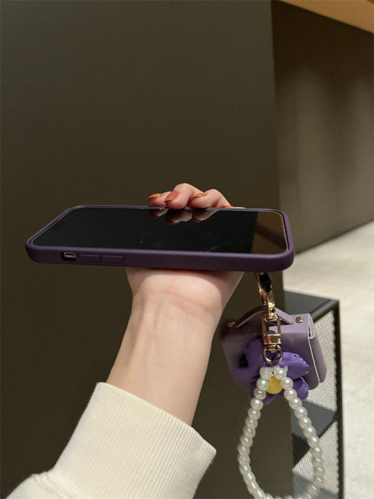 กระเป๋าสะพายดอกไม้สีม่วงเข้มสำหรับ-iphone14-promax-pearl-chain-case-สำหรับ-iphone13pro-leather-เอียงสายคล้องไหล่-case-สำหรับ-iphone12-promax-luxury-purple-case-สำหรับ-iphone11