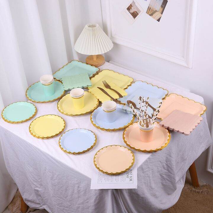 cw-disposable-paper-plate-cups-hot-stamping-dessert-plates-tableware-wedding-happy-birthday-supplies