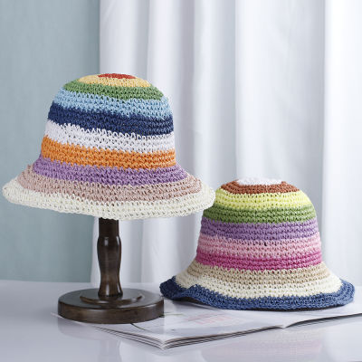 [hot]2023 summer Womens bucket hat Straw made rainbow Crochet foldable FASHION Panama hat children female beach sun visor Cap
