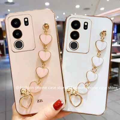 เคสโทรศัพท์ VIVO V29 V29e V29 Pro 5G เคส Phone Case หรูหราสีสันลูกกวาดชุบ VIVOV29 5G เคสนิ่มซิลิโคนพร้อมสร้อยข้อมือรูปหัวใจ2023