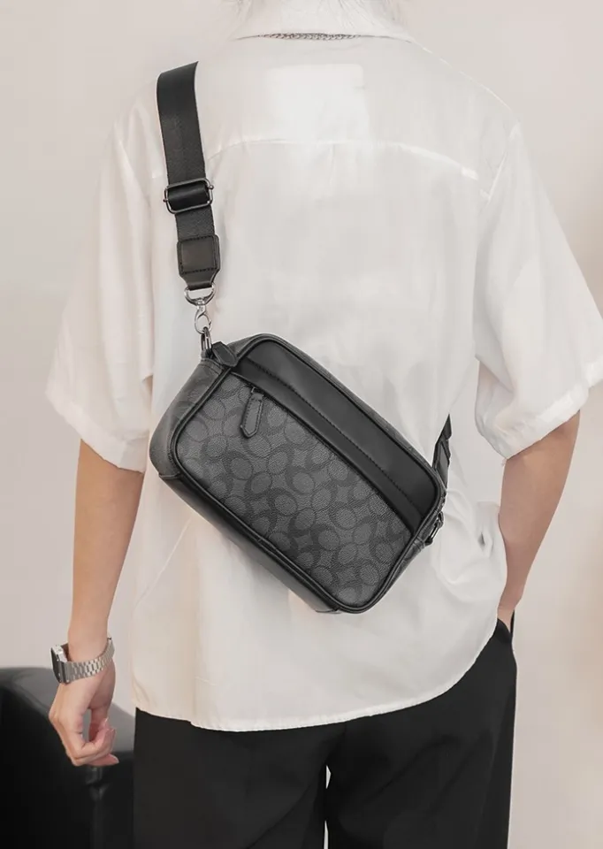 Ready Stock] Mens Leather Sling Bag Rectangular Grid Waist Bag