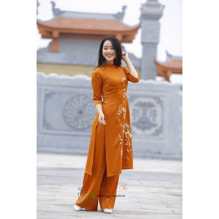 innovative-ao-dai-for-temple-ceremonies-with-embroidered-pattern-2cm-neck-with-missed-sleeves-the-whole-set