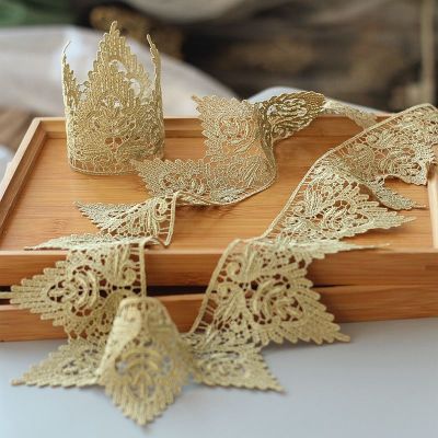 【YF】 Gold lace  water soluble embroidery crown flower trim fabric islamic headscarf hair accessories 1yards