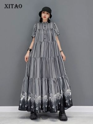 XITAO Stripe Print Splicing Cupcake Dress Fashion Stand Collar Loose Women Summer  Casual Loose