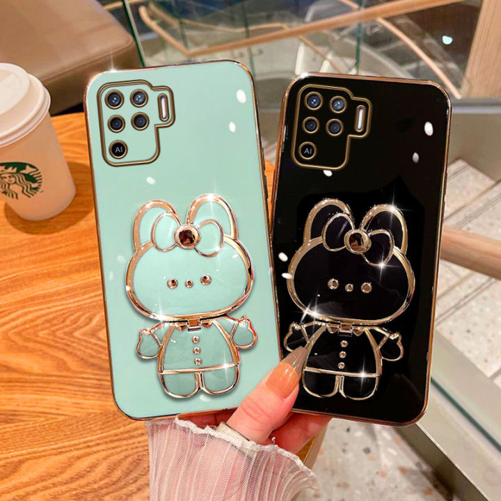 jiefie-น่ารักกระต่ายเคสโทรศัพท์สำหรับ-oppo-a92-a93-a94-a95-a96-a97-a98-a91โครเมี่ยมสุดหรูชุบกล่องสี่เหลี่ยมจตุรัสแต่งหน้า-tpuนิ่มชนิดใสโทรศัพท์-ขาตั้ง