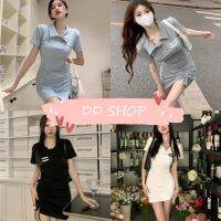 DD SHOPพร้อมส่ง M0123 เดรสไหมพรมแขนสั้น คอปก กระเป๋าหน้าอกก รูดด้านข้าง  -C