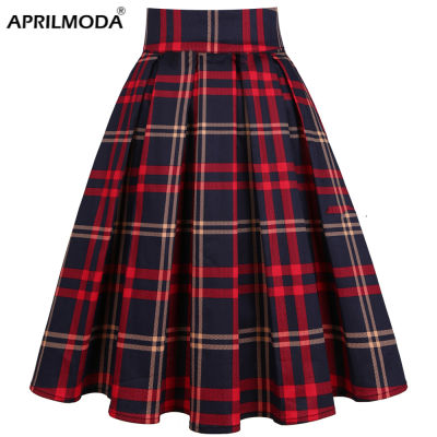 2022 Vintage Pleated Red Plaid Skirt School Uniform Print High Waist Women Retro Summer 50s Rockabilly Skirts Cotton Midi Skater