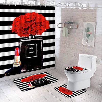 【CW】☌  Perfume and Floral Shower Curtain Rug Set Flowers Heels Hanging