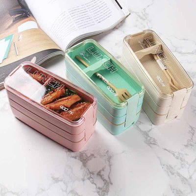 three-layer wheat straw fiber plastic Bento Student lunch box with cutlery