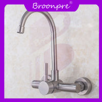 Broonpre 304เครื่องครัวสแตนเลสติดผนังก๊อกน้ำอ่างล้างหน้าDouble Holeหมุนได้ร้อนและเย็นอ่างล้างจานจานก๊อกน้ำอ่าง