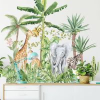 Large Size Rainforest Jungle Wall Sticker Nordic Plant Mural Elephant Giraffe Cartoon Animal Wallpaper Living Room Bedroom Decor