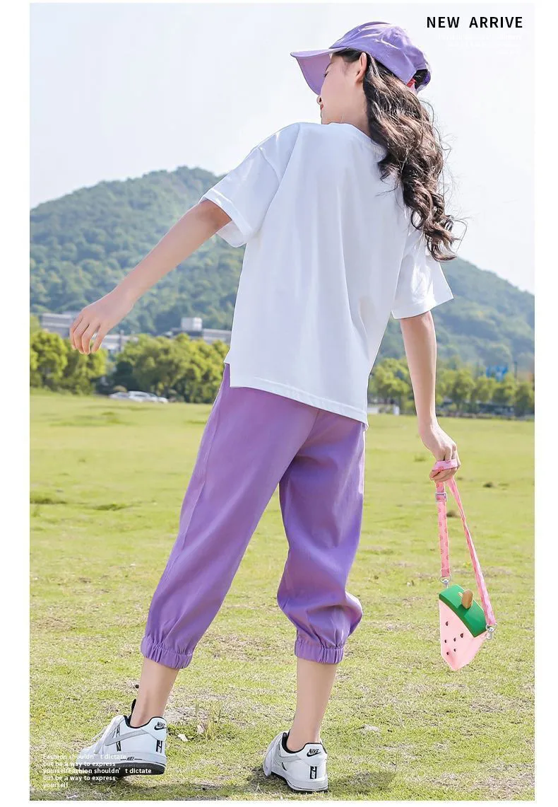 New Summer 2023 Girls Clothing Sets Outfits Kids Short Sleeve T-shirt +  Long Pants 2PCS