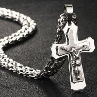 Bible Silver Color Jesus Cross Stainless Steel Pendants Necklaces Byzantine Long Chain Necklace for Men Jewelry colar collier2023