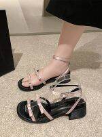 ஐ♚✿ One-word thick-heeled sandals womens 2023 new summer mid-heel lady bow with skirt French high-heeled shoes