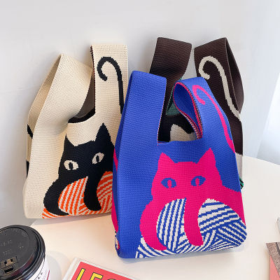 Wide Student Mini Bag Women Bags Casual Plaid Stripe Reusable Shopping Bags Shopping Cat Wrist Handbag