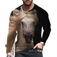 Gallant Horse 3D สัตว์พิมพ์ฤดูใบไม้ร่วงชายเสื้อคอกลม เสื้อยืดแขนยาวสบาย ๆ บวกขนาด Pullover เสื้อผ้าแฟชั่นผู้ชาย