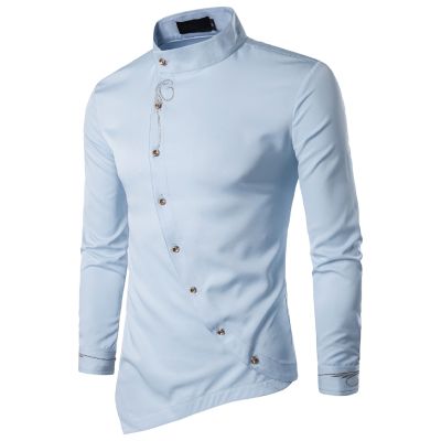 Men New Fashion Long Sleeve Shirt Embroidery Declining Buttons Stand Collar Casual Shirts