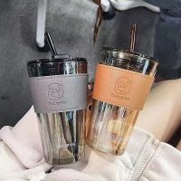 Large-capacity glass straw cup with lid ins high-value coffee cup water cup office drinking cup tea cup