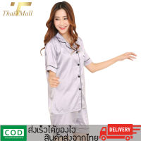 MIND&amp;WELL-Pajamas ชุดนอน เสื้อเชิ๊ตแขนสั้น,กางเกงขาสั้น ทำจากผ้าซาตินเกรดพรีเมี่ยยม FZS-SD