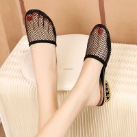 New slippers womens summer middle heel fashion wear out Korean version versatile anti slip lazy half drag hollow breathable mesh Sandal