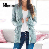 Chic Solid Buttoned Casual ยาว Cardigans ผู้หญิงออกแบบกระเป๋าเต็มแขนหลวมเสื้อกันหนาวฤดูใบไม้ร่วงฤดูหนาวเสื้อผ้า Women