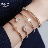 WHC 4ชิ้น/เซ็ตสร้อยข้อมือดวงจันทร์ดาวสำหรับผู้หญิงแฟชั่นชุบทองฝังเพทายกำไลข้อมือปรับขนาดได้