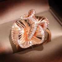 Elegant S925 Silver Camellia Flower AAA Zircon Wedding Rings For Women Rose Gold Color Crystals Engagement Bridal Trendy Jewelry