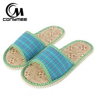 【cw】 Indoor Slippers Soft Floor Couple Bedroom Shoes Ladies Flax Flip Flops Men ！