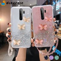 「Enjoy electronic」 Bling Butterfly Glitter Lanyard Silicone Phone Case for Xiaomi Redmi 9C 9A Note11 10 9 8 Pro Poco M3 X3 M4 Pro Shiny Cover Coque