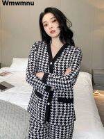 【JH】Oversize Houndstooth Chiffon Loungear 2 Piece Sets Spring 4XL Casual Pajama Ensemble Women Plaid Pyjama Tracksuit