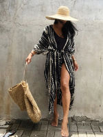 Fitshinling Summer Vintage Kimono Swimwear Halo Dyeing Beach Cover Up With Sashes Oversized Long Cardigan Holiday Sexy Covers