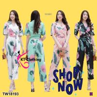 SS18193 จั๊มสูทขายาว คอปก ลายใบไม้ + สายผูกเอว Jumpsuit with long legs, collar, leaf pattern + waist tie