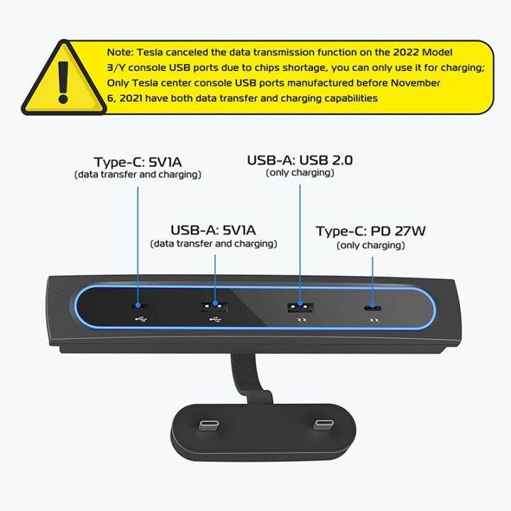 car-usb-charger-multi-port-for-tesla-model-3-y-2021-2022-accessories-usb-hub-with-blue-led-light-center-console-adapter