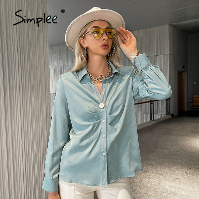 2021Simplee High Street Skinny Pleated Office Lady Shirt Long Sleeves Turn Down Collar Tops Casual Women Blouse Shirts 2021 Winter