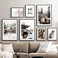 ✻¤✇ Wall Art ภาพวาดผ้าใบคริสต์มาสฤดูหนาว Pine Forest Deer Lynx ห้องนั่งเล่นที่ทันสมัยตกแต่งโปสเตอร์และพิมพ์ภาพผนัง