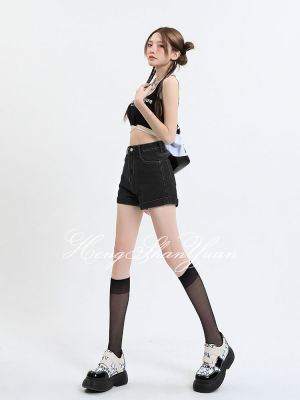 HengShanYuan กางเกงขาสั้นผู้หญิง,กางเกงเอวสูงลำลองขากว้างกางเกงยีนส์บางเฉียบขนาดพิเศษ