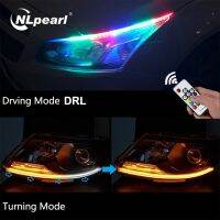 Nlpearl โคมไฟ2X RGB DRL Fleksibel Lampu LED Aplasi รีโมท Berjalan Siang Hari Lampu Mobil Neon Berurutan Lampu Sinyal Belok Kuning