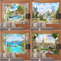 Window Landscape Tapestry Natural Scenery Hippie Background Wall Hanging Tapestries Bedroom Garden Tablecloths Home Decoration Settings ！