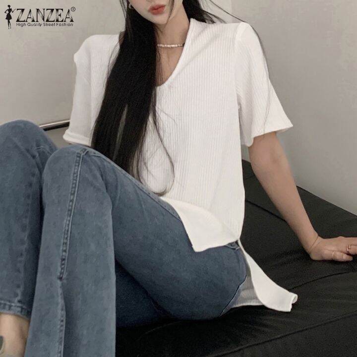 zanzea-เสื้อยืดลําลอง-คอวี-แขนสั้น-ผ้าถัก-ทรงหลวม-สไตล์เกาหลี-สําหรับผู้หญิง