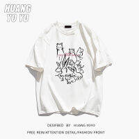 HUANGYOYO เสื้อยืดแขนสั้นสำหรับผู้หญิง100% ผ้าฝ้ายคอกลมลายลูกแมวกราฟฟิตีแบบฉบับภาษาเกาหลีสำหรับผู้หญิง