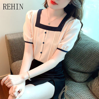 REHIN เสื้อเชิ้ตแขนสั้นผ้าชีฟองคอสี่เหลี่ยมหรูหราสำหรับผู้หญิง,เสื้อสไตล์เกาหลีแบบใหม่แฟชั่นฤดูร้อน