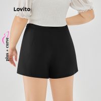 [ส่งของ]Lovito กางเกงขาสั้นปุ่ม แต่งกระดุม หรูหรา สำหรับผู้หญิง LPS09054 (สีดำ)