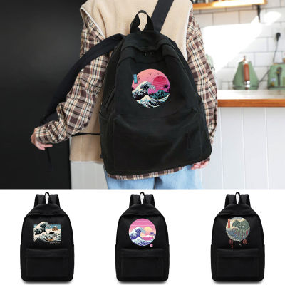 2022 Casual Travel Backpack Student School Bag Large Capacity Laptop Bag Canvas Wave Print Zipper Uni Organizer Shoulder Bag