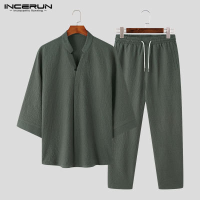 INCERUN ชุดเสื้อลำลองแขน3/4ผู้ชาย,เสื้อยืดคอวีกางเกงขายาวชุดชุดลำลองกังฟู (ฝ้ายลินิน) #3