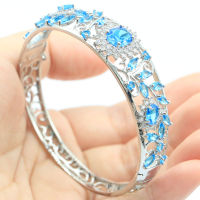 66X18มม. ออกแบบใหม่24.3G ไพลินสีขาว Swiss Blue Topaz สีขาว CZ ผู้หญิง925กำไลข้อมือเงินสร้อยข้อมือ7.5 "สะดุดตา