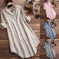 COD dhdfxcz S-5XL Women Plus Size Blouse Button Up Pullover Cotton Striped Tunic Skirts