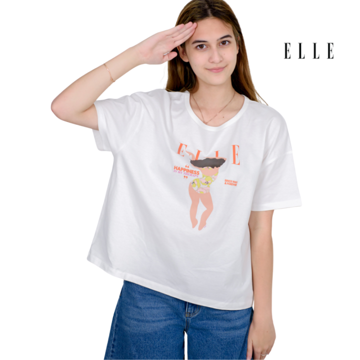 elle-boutique-เสื้อยืดสตรีคอปาด-ทรงครอป-แขนสั้น-สกรีนลาย-elle-limited-editions-w3k562