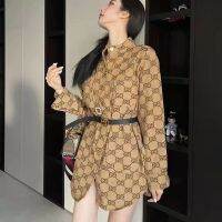 GUC เสื้อเชิ้ตตัวยาวมีกระเป๋ากระดุมแถวเดียววินเทจพร้อมเข็มขัดใหม่