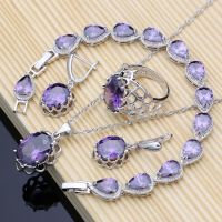 Women Birthstone Silver 925 Jewelry Sets Purple Amethyst Crystal Exquisite Lady Earrings Ring Fashion Collares Set Dropshipping